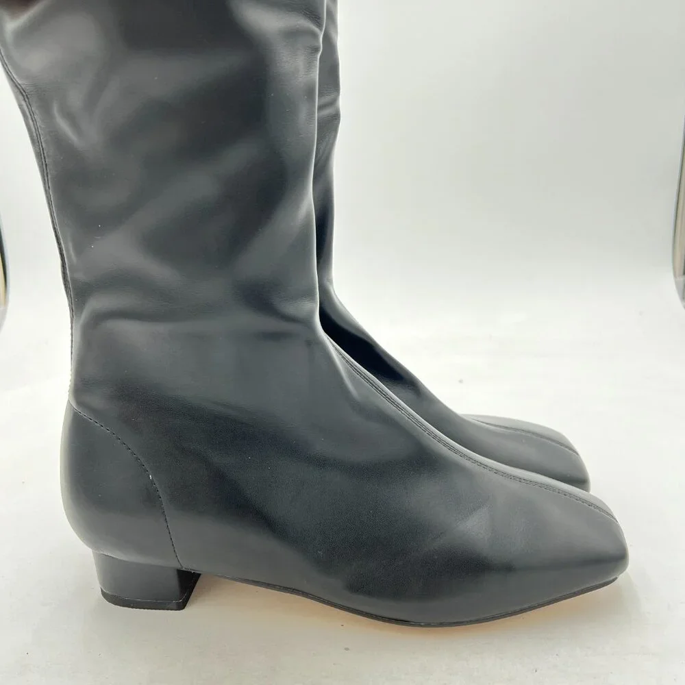 Black Women Stylish Square Toe Block Low Heel Side Zipper Knee High Riding Boots